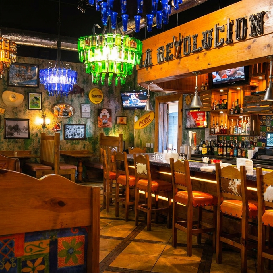 Vibrant Mexican restaurant interior with colorful bottle chandeliers, a full bar, and rustic wooden seating.