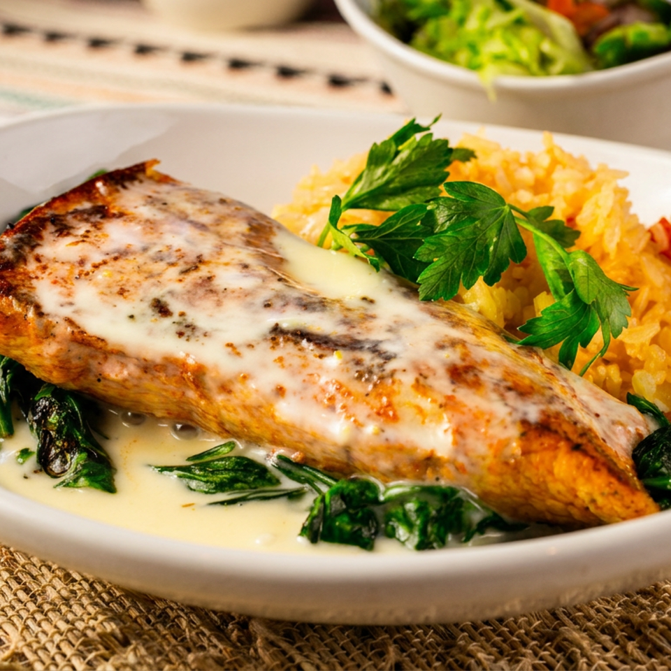 Grilled salmon with creamy sauce, spinach, and yellow rice, garnished with parsley in a white bowl.