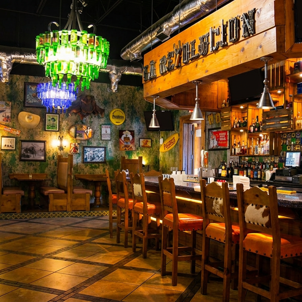 Vibrant Mexican restaurant interior with bottle chandeliers, a full bar, and rustic wooden furniture.