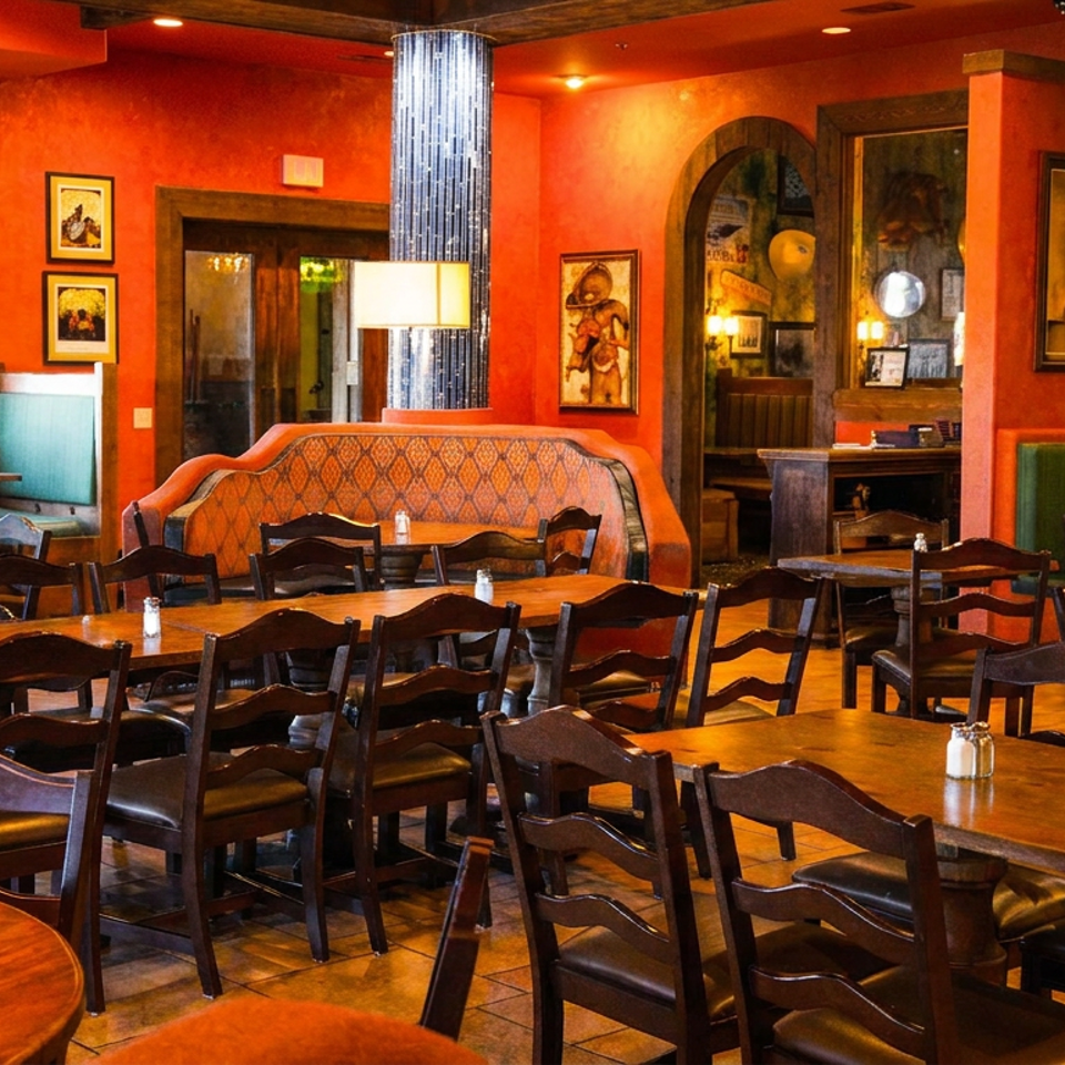 Warmly lit restaurant interior with orange walls, wooden tables, chairs, and booth seating.